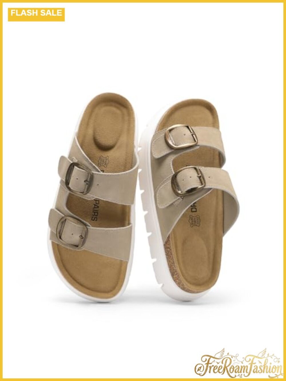 Cork Platform Sandals Arch Support Leather Footbed Slip-On Double Buckle